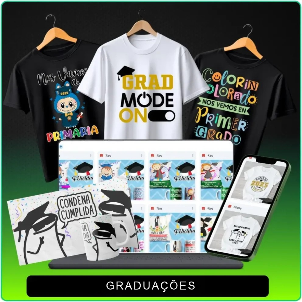 Artes de graduações aplicadas em camisetas, caneca, almofada, notebook e celular