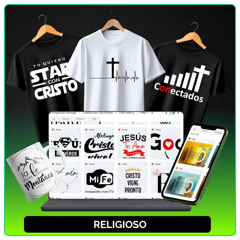 Artes religiosas aplicadas em camisetas, caneca, notebook e celular