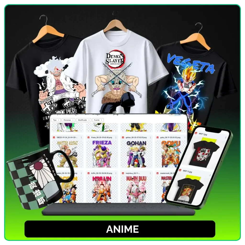 Artes de anime aplicadas em camisetas, caneca, notebook e celular